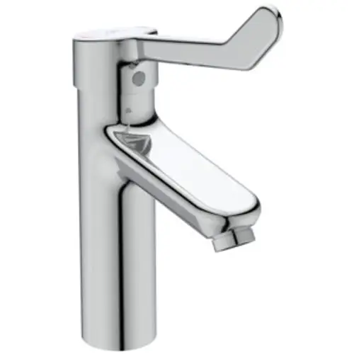 Chromfarbener Wasserhahn von Ideal Standard mit einem Klapphebel und einem geschwungenen Auslauf. Geeignet für Waschbecken.